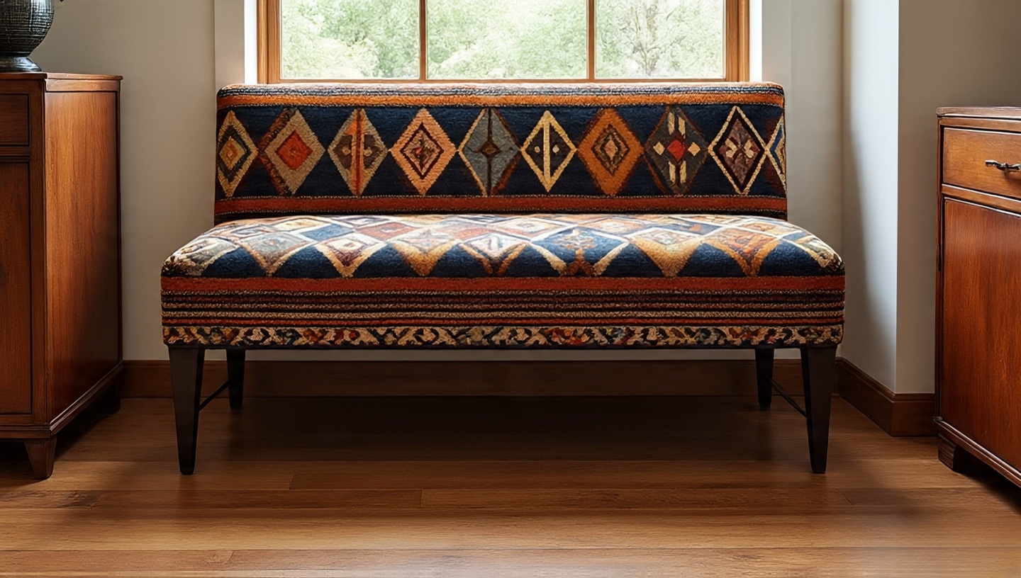 Upholstered bench with bold Navajo fabric pattern as a conversation piece in Southwestern decor