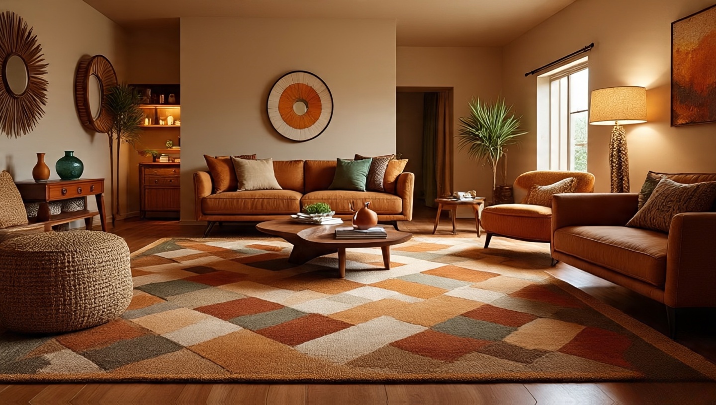 Living room with burnt orange, ochre and sage accent pillows and decor