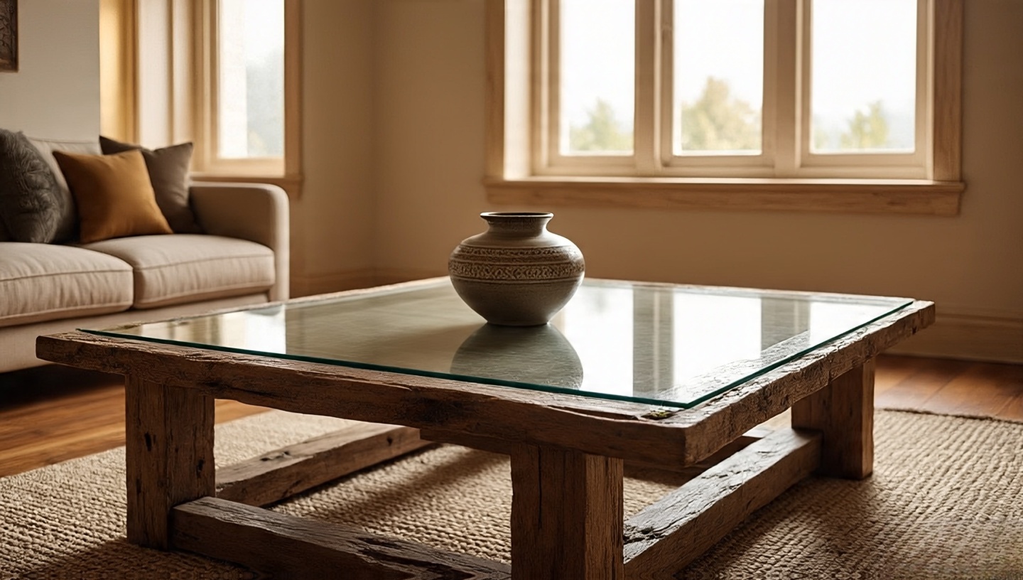 Modern glass coffee table with reclaimed timber frame balancing contemporary and rustic elements