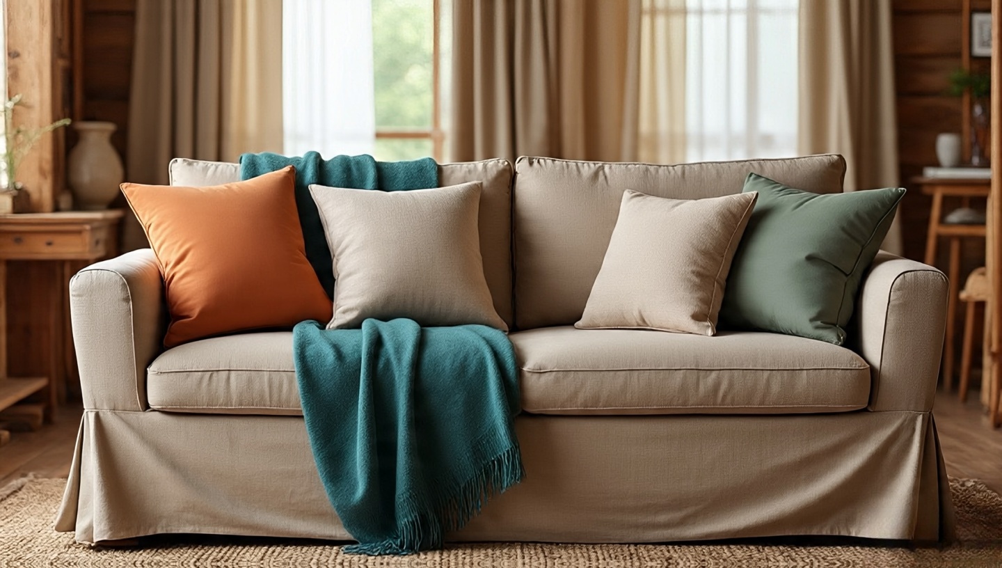 Muted earthy palette with one high-saturation accent—stormy teal throw against sand-colored linen