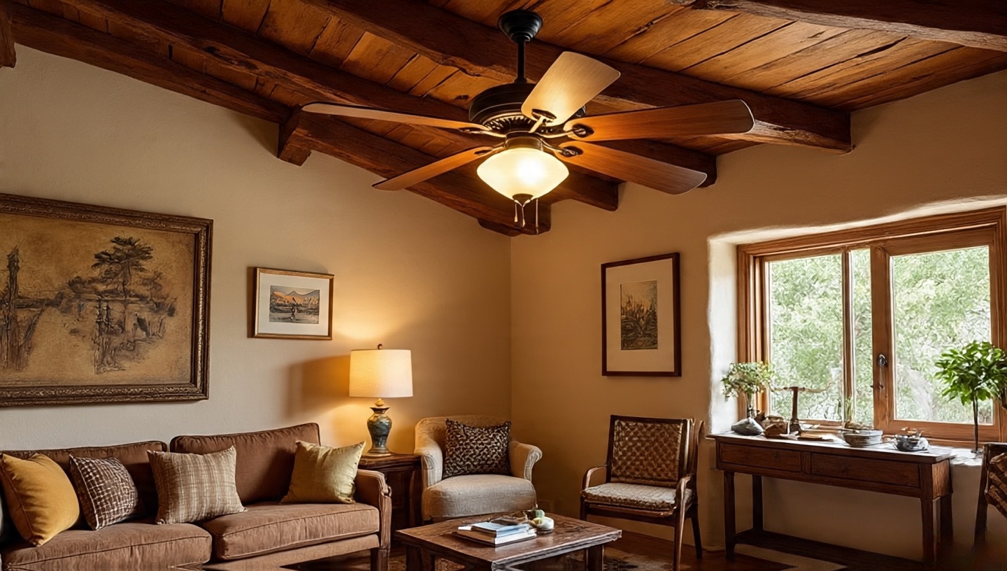 Southwestern living room with a rustic wood blade ceiling fan and integrated light kit