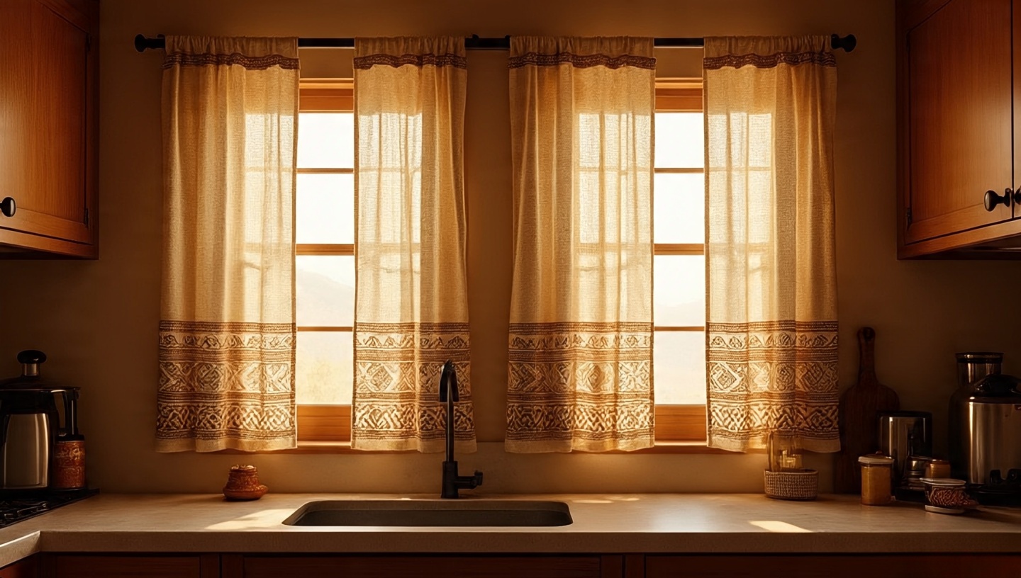 Cotton curtains with tribal patterns in desert colors