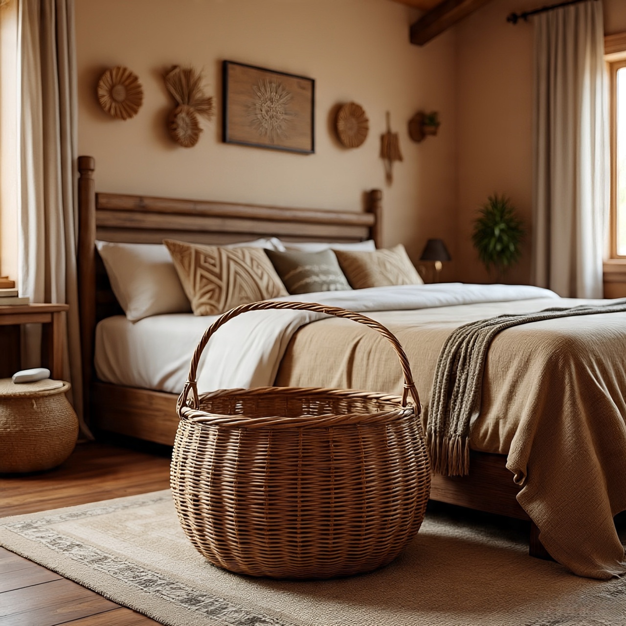 Wicker baskets used for storage in Southwestern bedroom