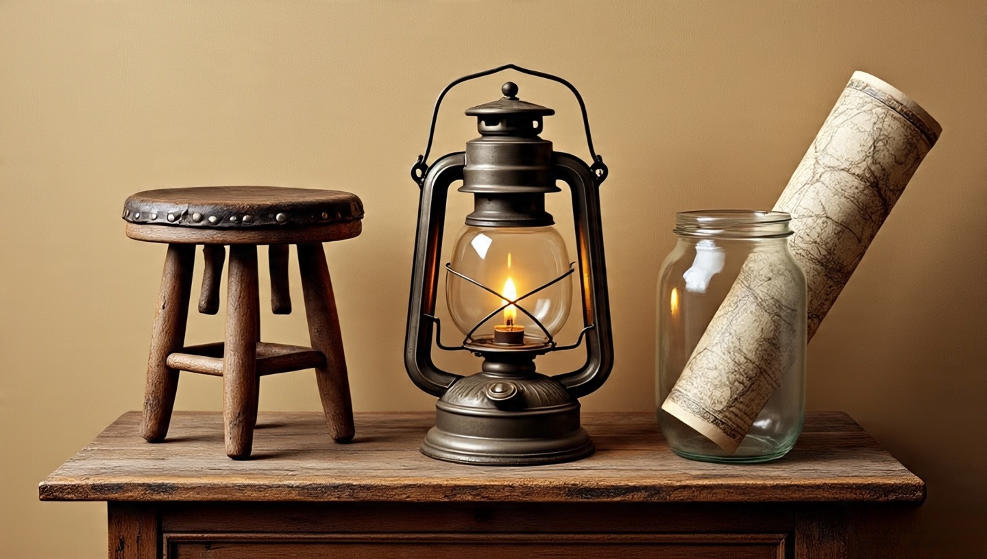 Curated vignette with antique Southwestern accessories including lantern, saddle stool and vintage map