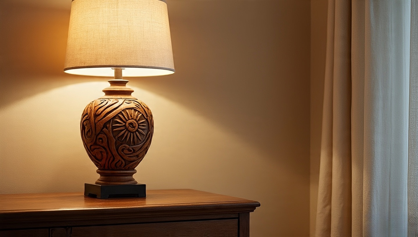 Console table close-up featuring a hand-carved wooden lamp base with desert motifs
