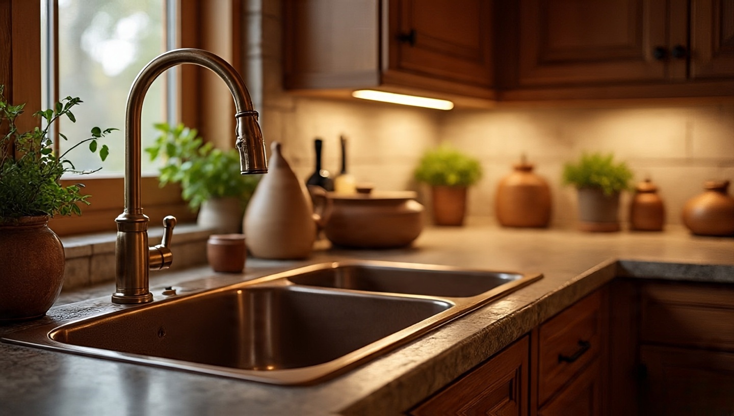 Aged brass faucet in a Southwestern kitchen sink
