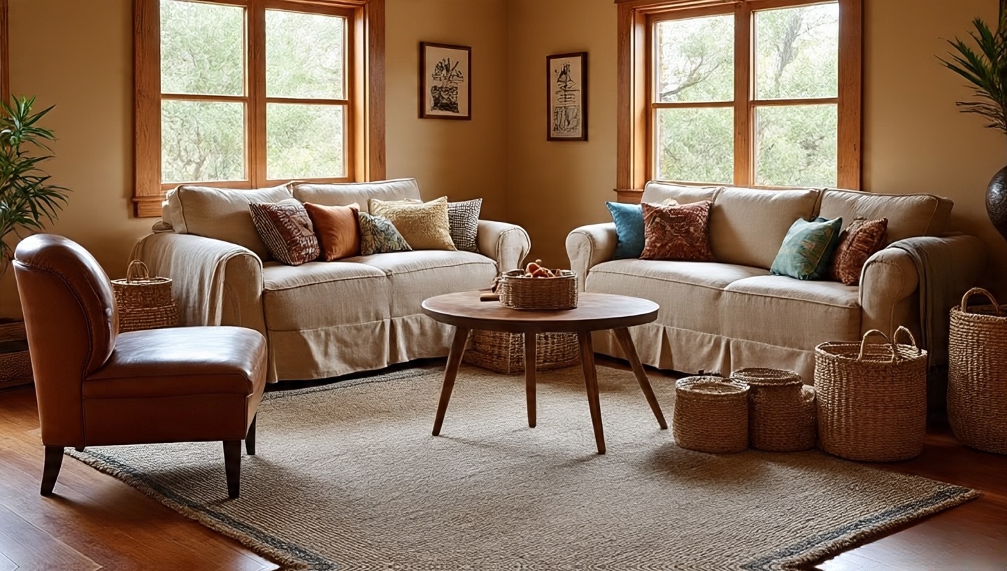 Practical Southwestern family room with washable slipcover, heathered wool rug, sealed leather, and woven toy baskets