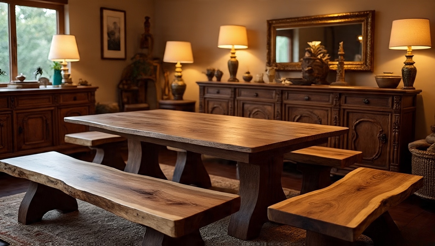 Hand-planed live-edge wood table with visible tool marks