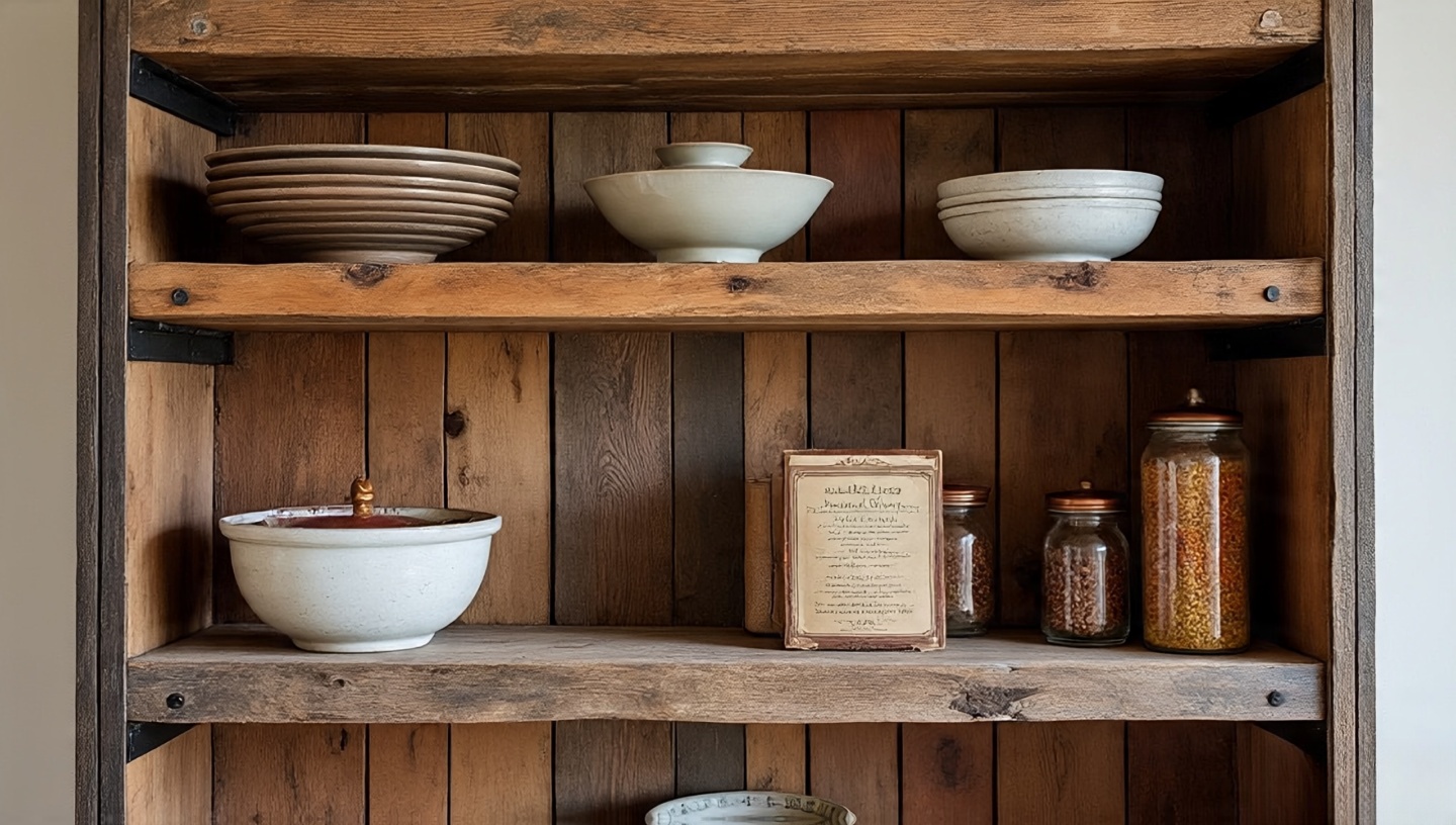 Open shelving with reclaimed wood planks and iron brackets in a Southwestern kitchen