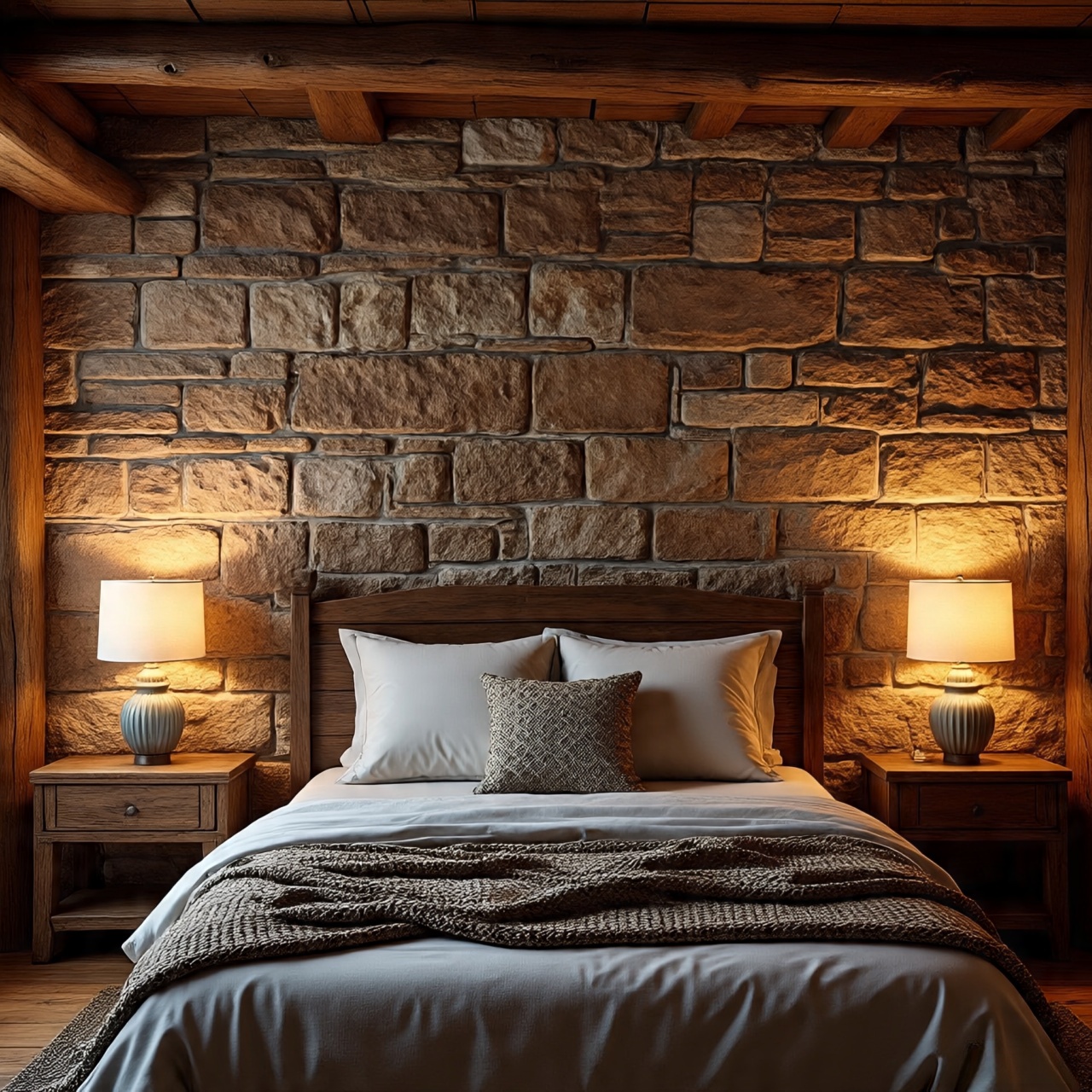Stone accent wall in Southwestern style bedroom