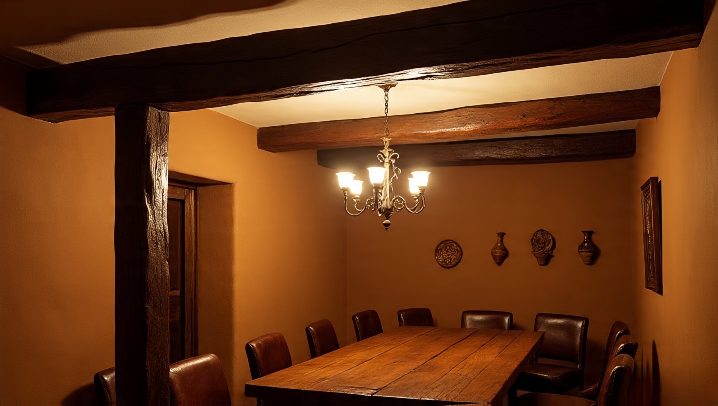 Intimate dining space with a low adobe-style ceiling and exposed wooden vigas