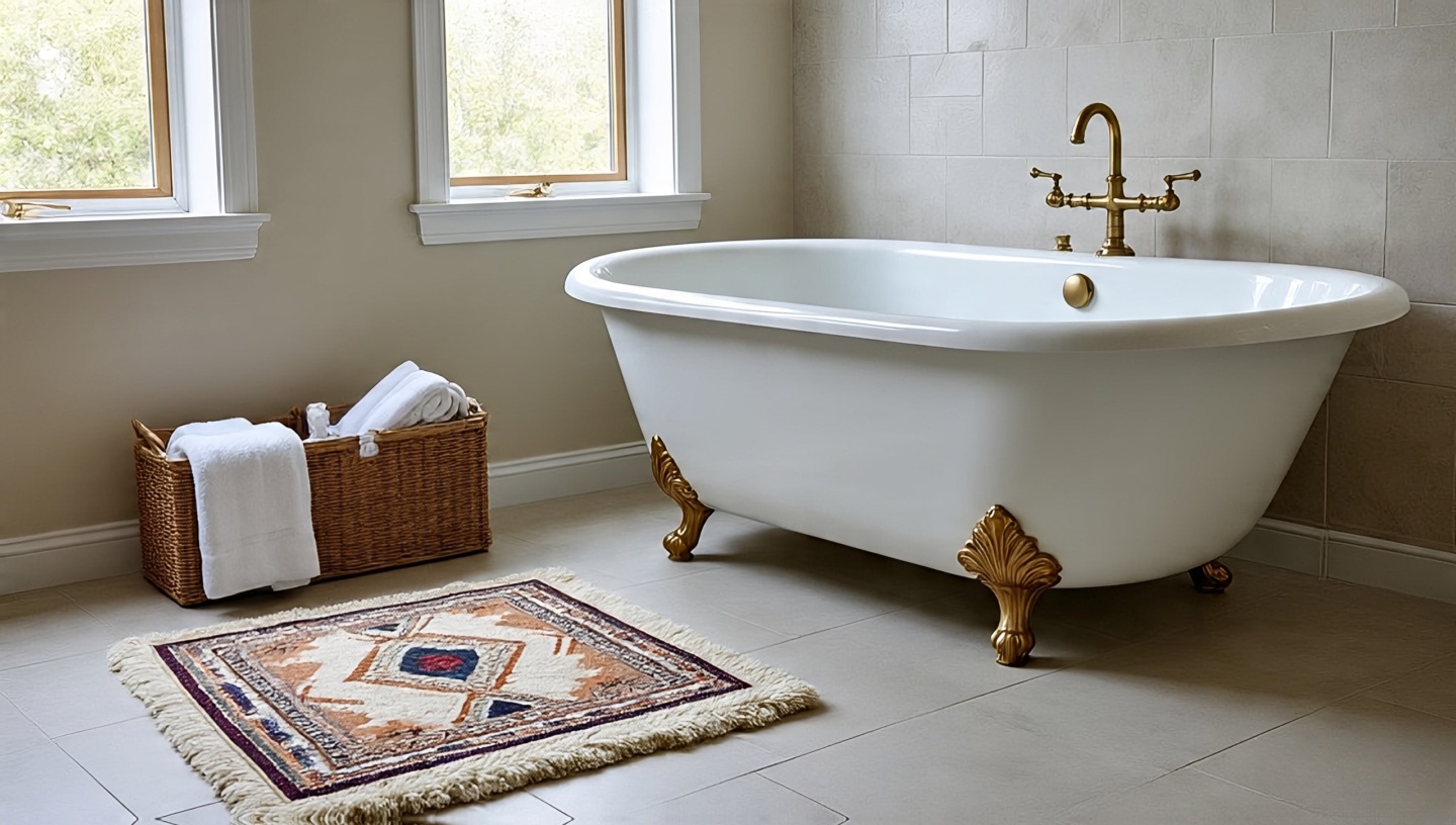Bathroom with Southwestern woven rug