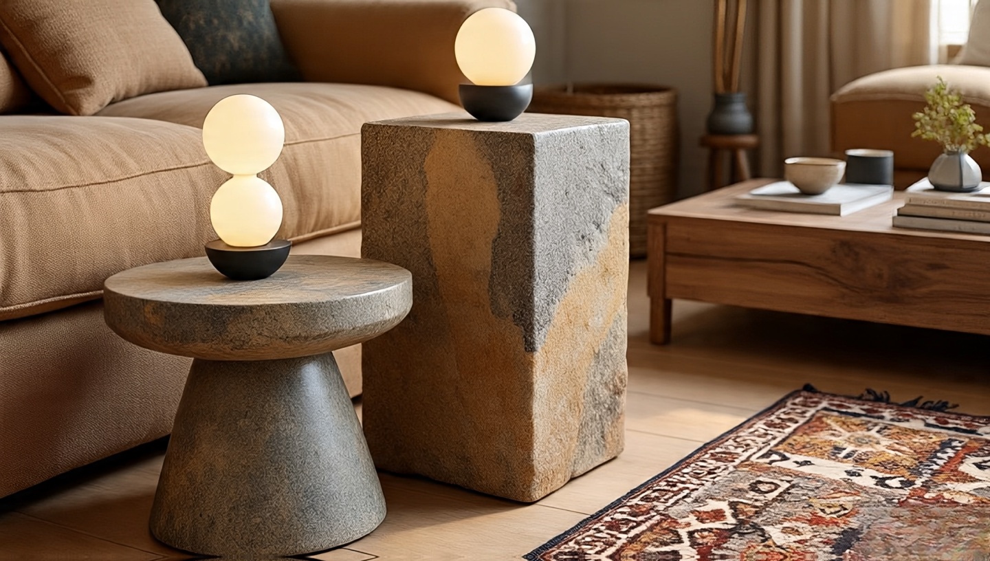 Side table carved from desert sandstone or slate with raw natural texture