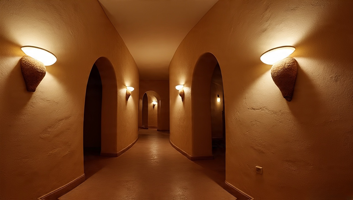 Hallway panoramic shot with organic-shaped Pueblo Revival sconces providing a soft glow