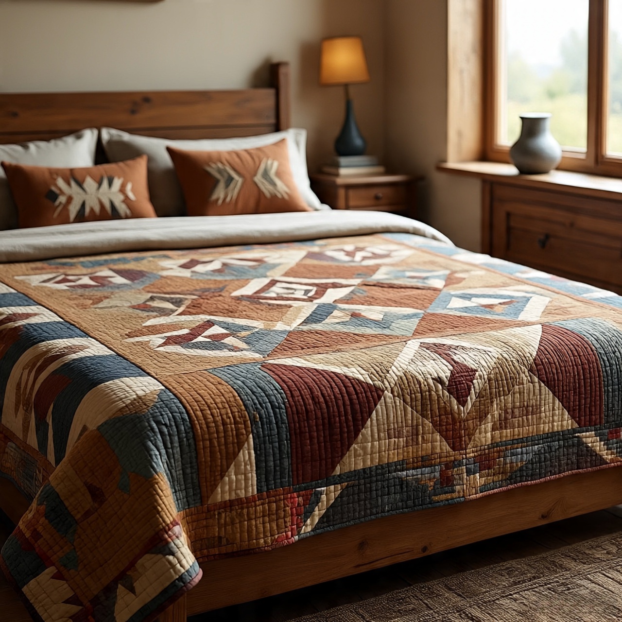 Handmade Southwestern quilt on bed with geometric patterns