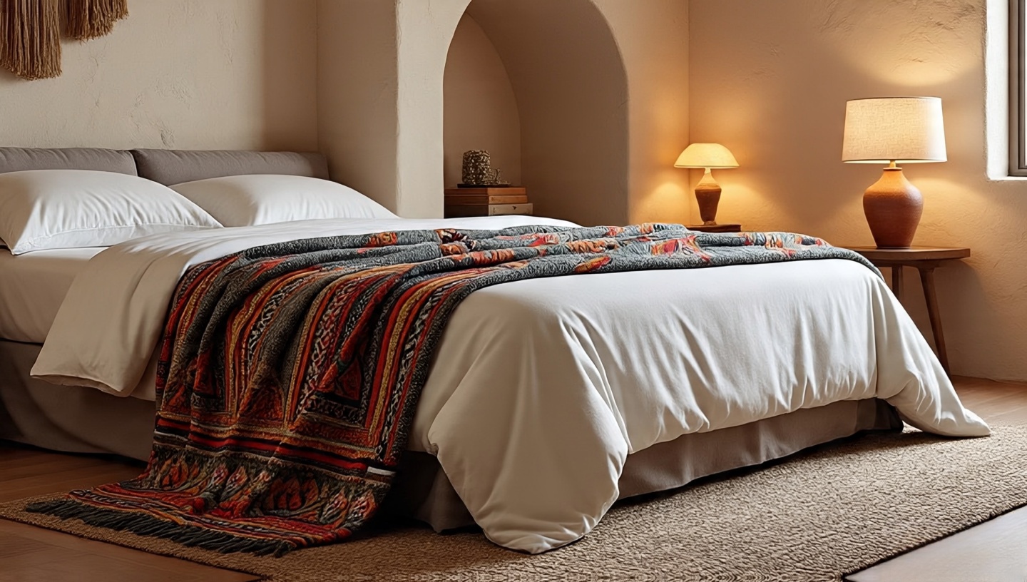 Layered bedding with crisp linen, wool blanket and tribal-patterned throw for cocooning effect