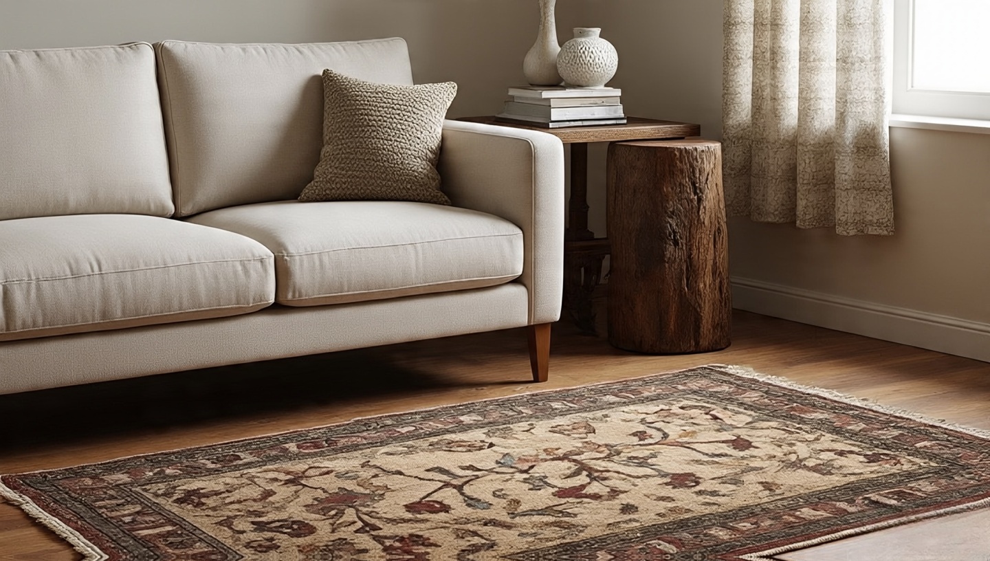 Modern sofa paired with vintage rug and rustic side table