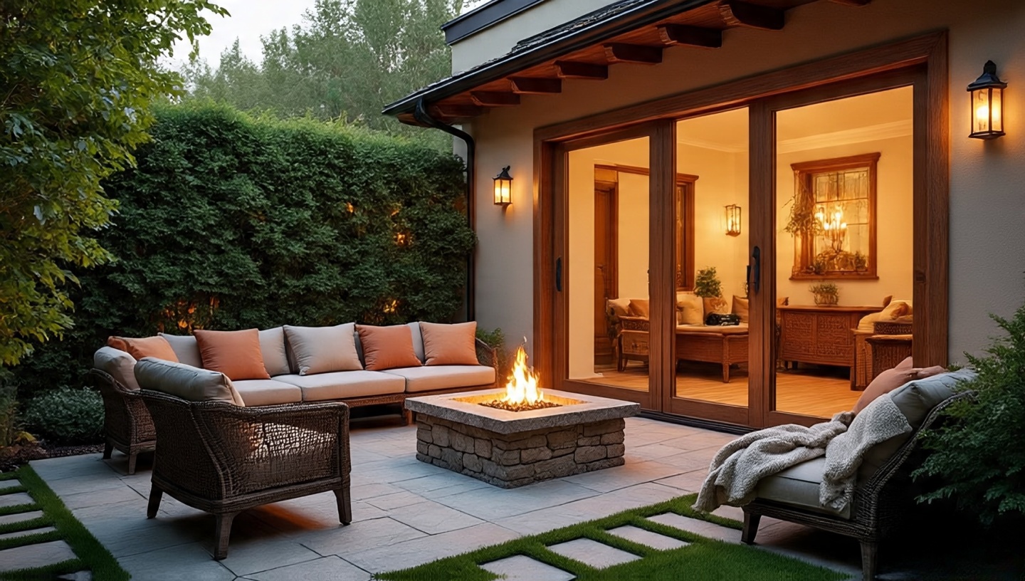 Indoor–outdoor flow with low seating around a lava rock fire pit echoing the interior palette