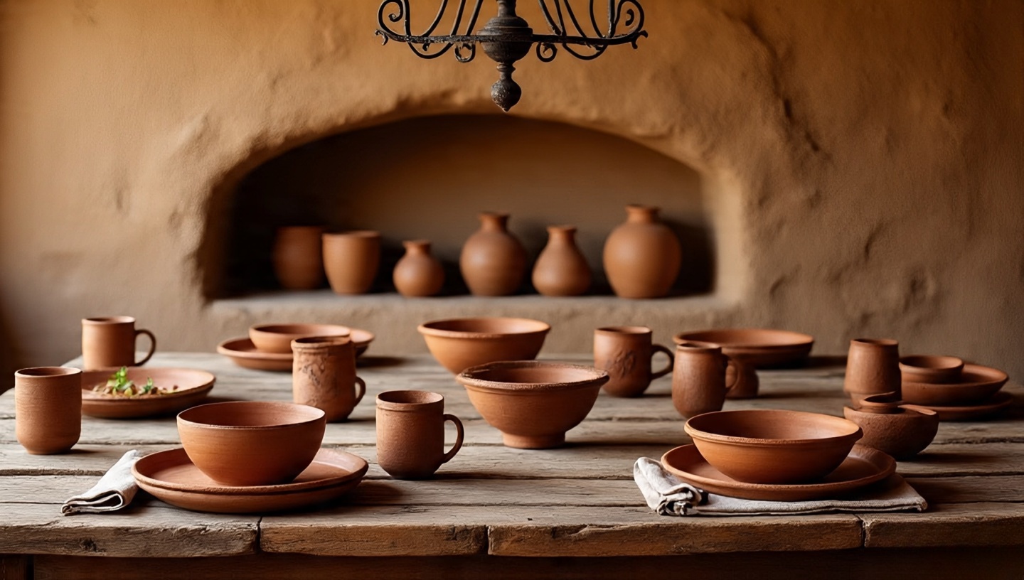 Comprehensive close-up of clay and terracotta dishware set on a dining table