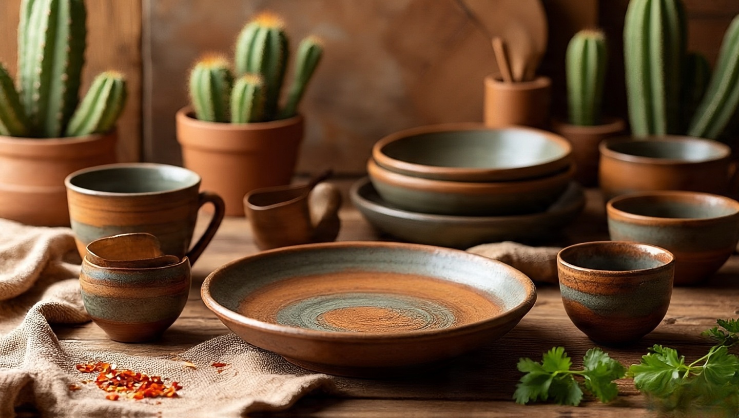 Handmade ceramic plates and bowls in earthy tones