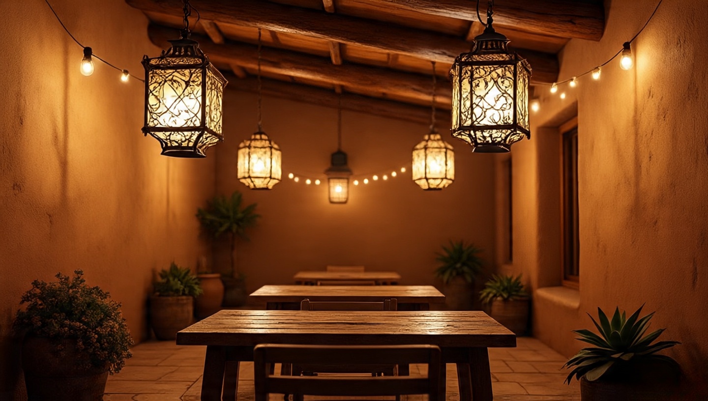 Outdoor covered patio at dusk with hanging iron lanterns glowing against adobe walls