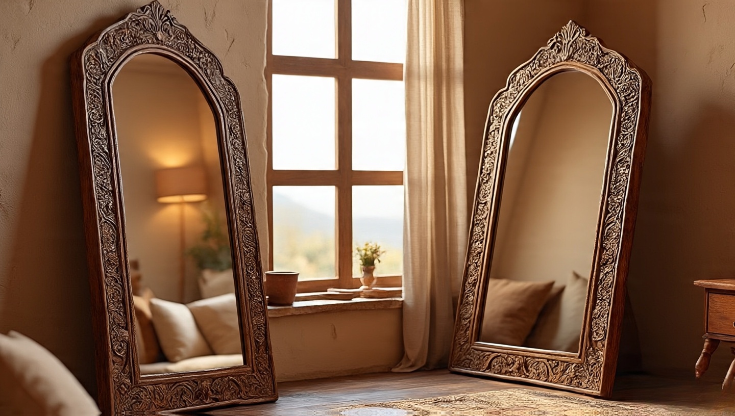 Carved wood mirror with arched top reflecting window light