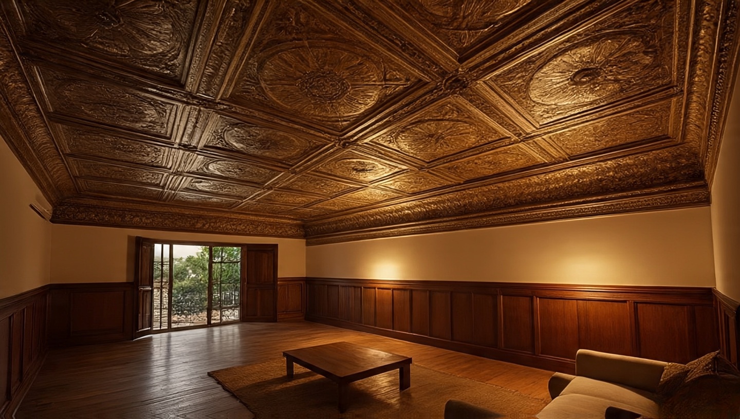 Statement ceiling with painted planks and exposed beams as fifth wall art in Southwestern design