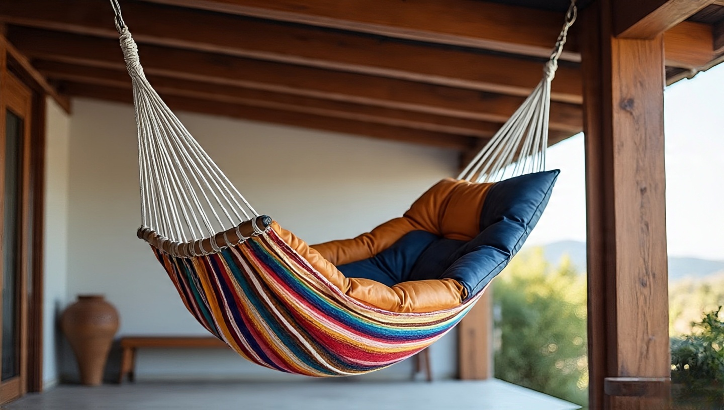 Cotton or leather swinging hammock chair in a cozy Southwestern indoor or porch corner