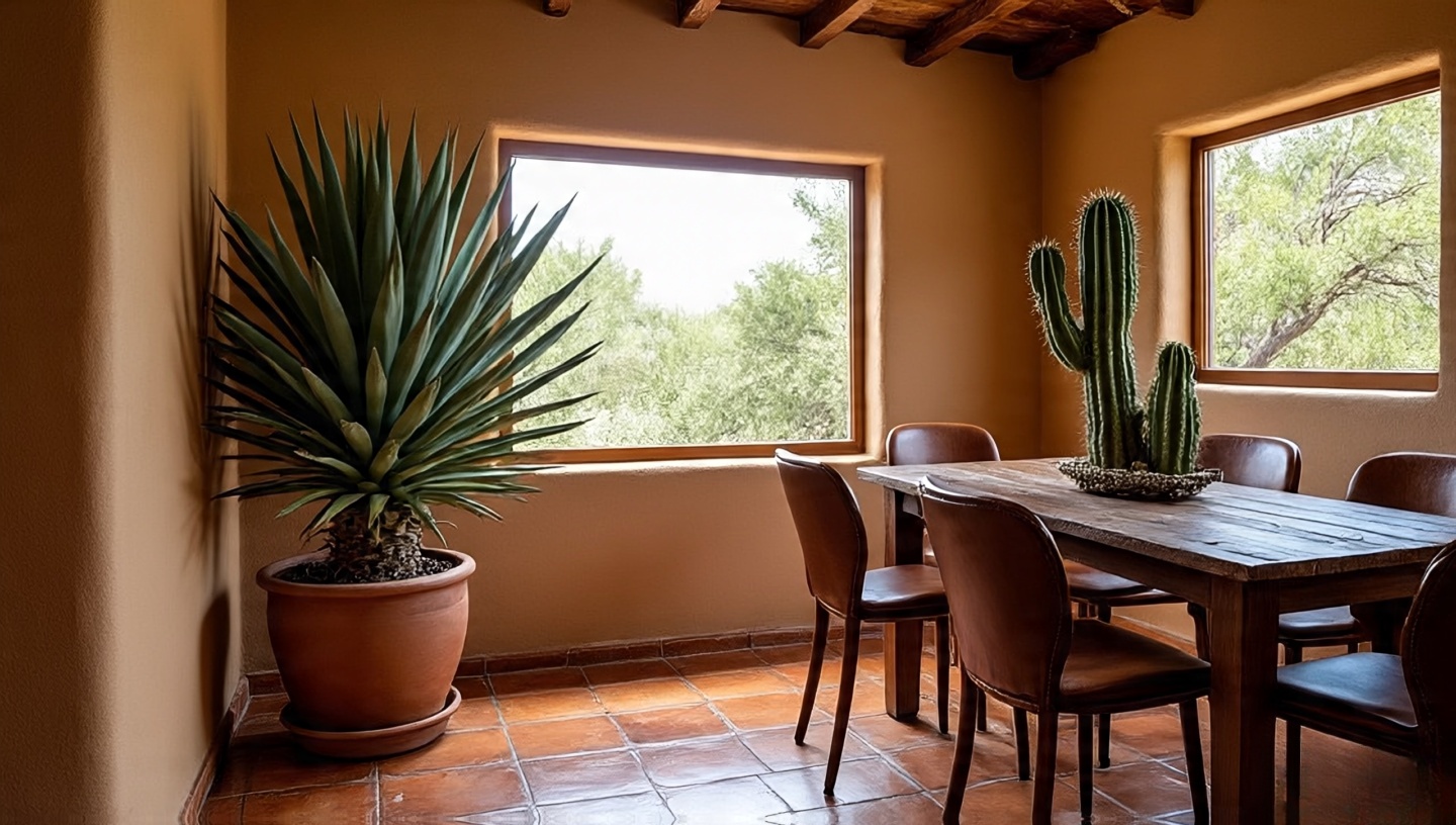 Dining room corner featuring large agave plants and smaller succulents in pots