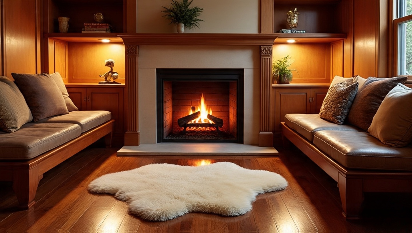 Plastered built-in bench beside fireplace with sheepskin cushion