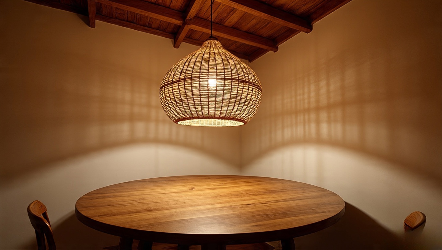 Intimate dining nook with a large handwoven basket lamp made from jute or rattan