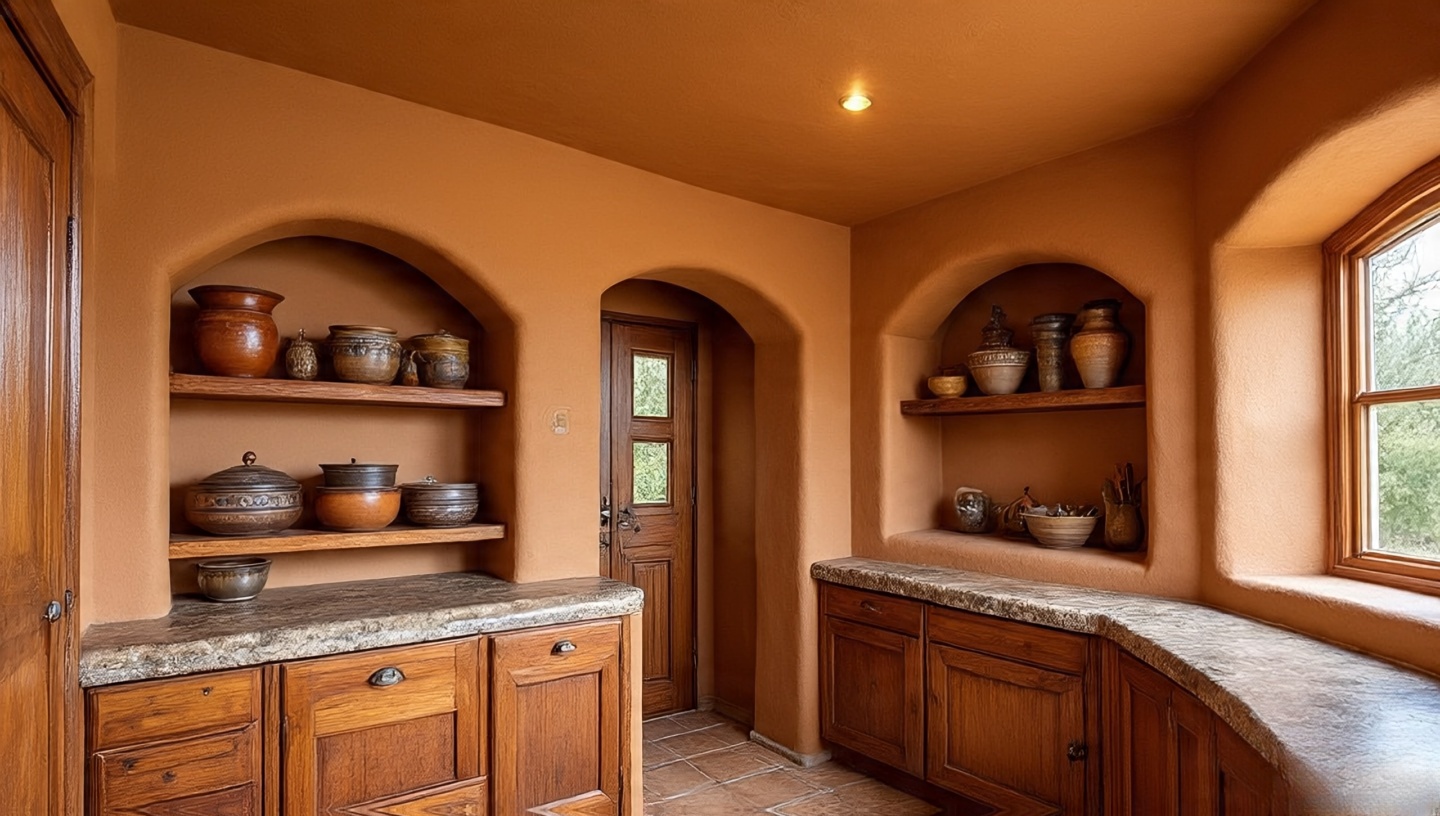 Arched adobe niches with candles and pottery