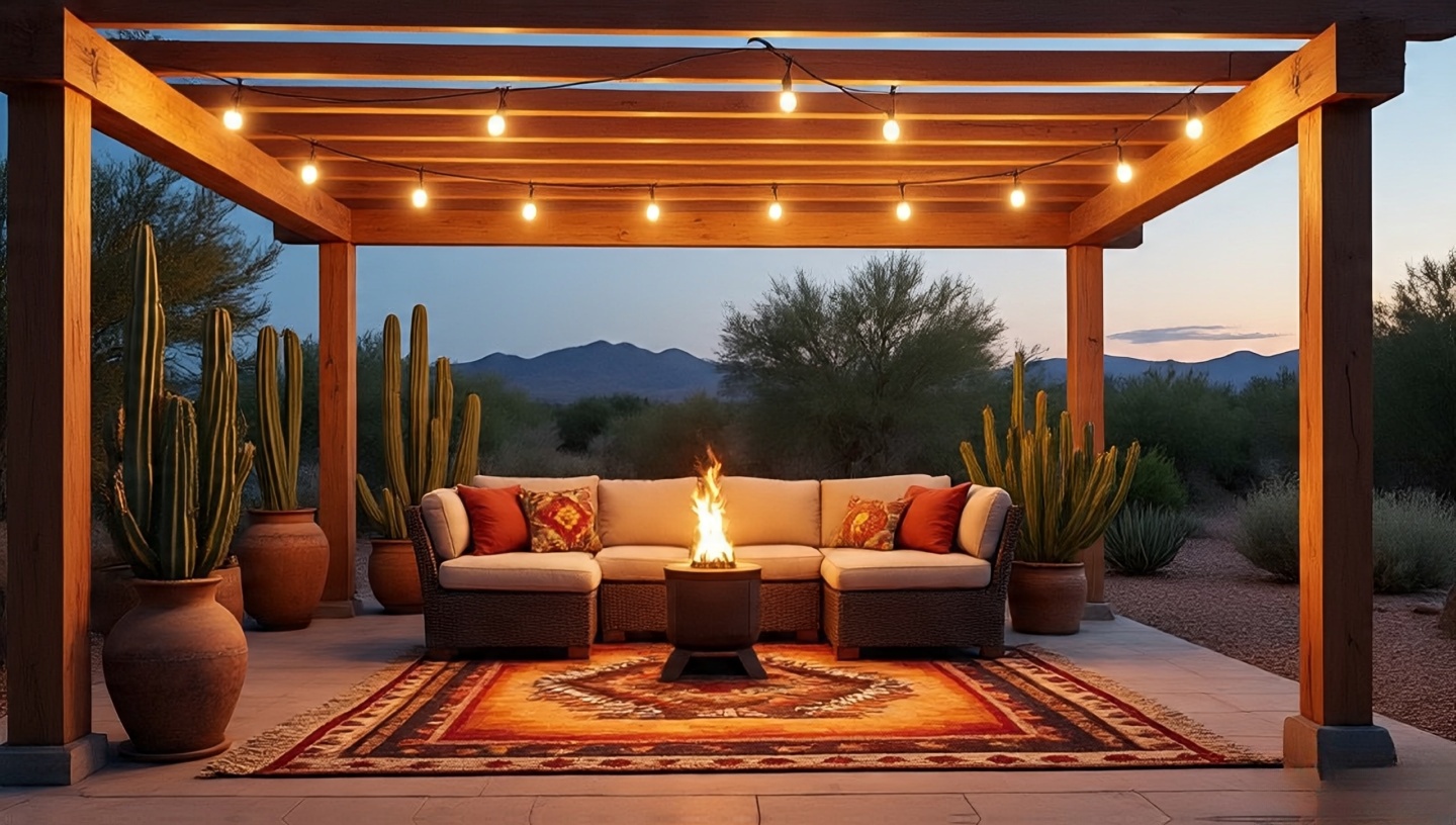 Outdoor patio with Southwestern rug