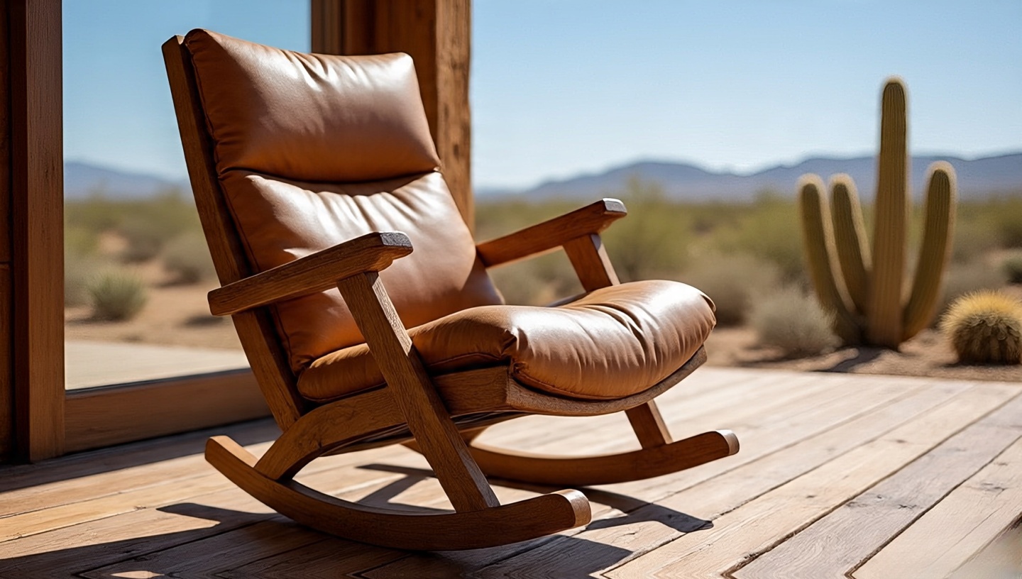 Rustic wooden rocking chair by a fireplace in a Southwestern porch or living area