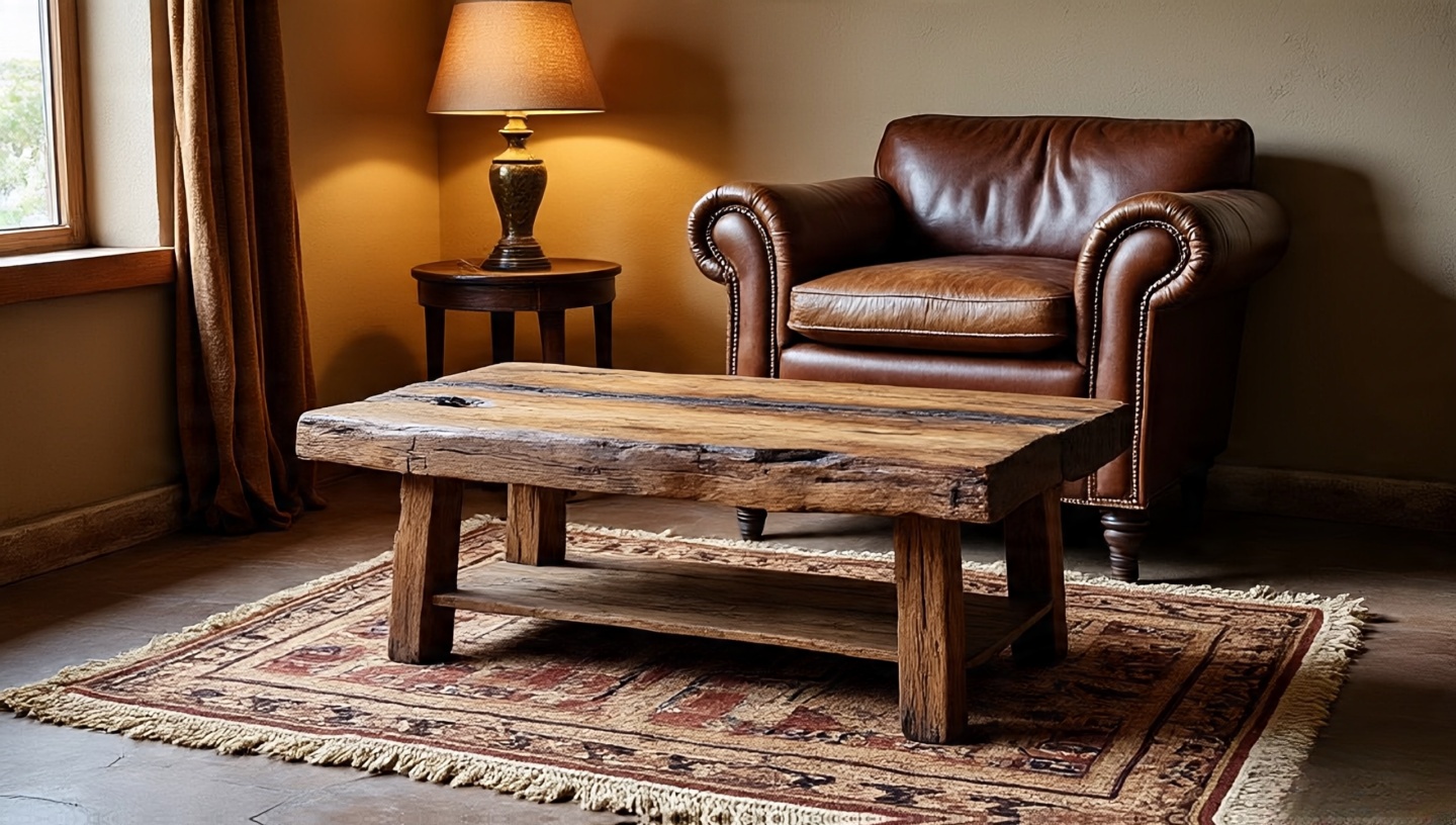 Rustic Southwestern living room corner with mesquite coffee table, patina leather armchair, wrought-iron lamp, and Navajo wool rug