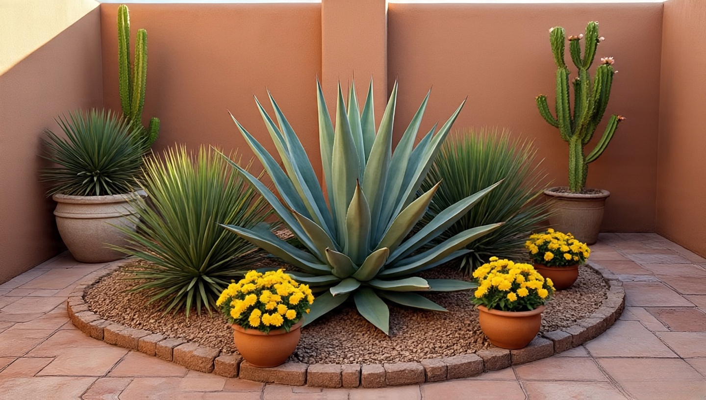 Courtyard garden with agave, yucca, desert marigold, prickly pear cactus, and Mexican feather grass in terracotta planters