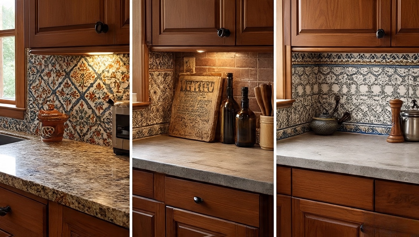 Four Southwestern kitchen pairings: granite with Talavera tiles, butcher block with terracotta, concrete with patterned ceramic, and soapstone with Saltillo tile