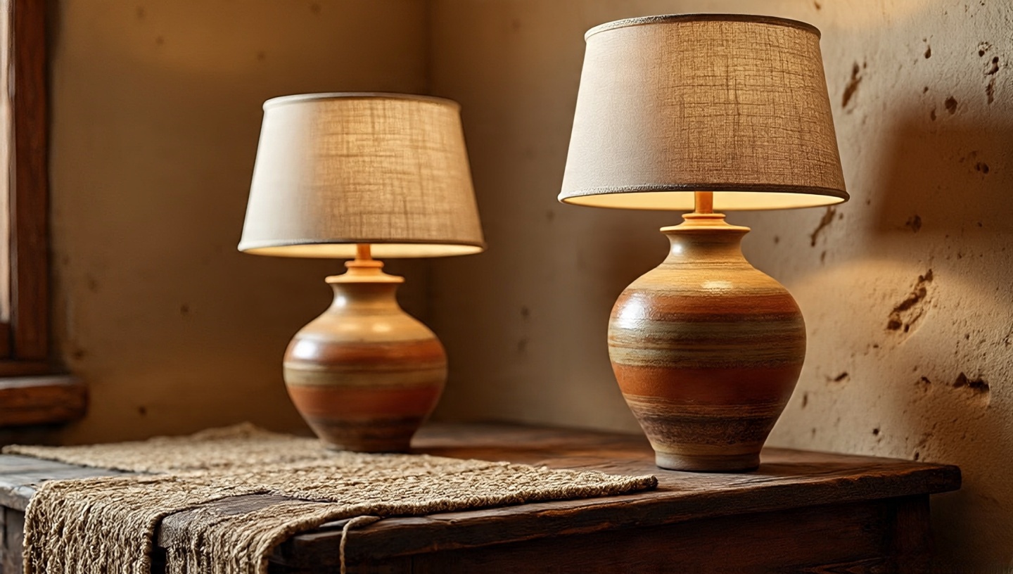Close-up of a pair of handcrafted terracotta pottery table lamps on a rustic wooden side table