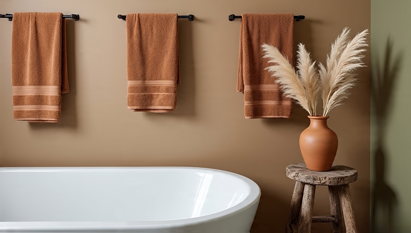 Earthy tones bathroom palette with sandy beige, muted sage, terracotta textiles and Pueblo-inspired stucco wall