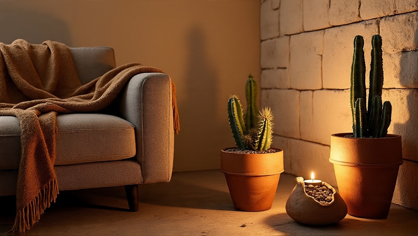 Desert-inspired living room corner with terracotta planters, lava rock candle holder, and earthy wool throws echoing a quiet fire pit night