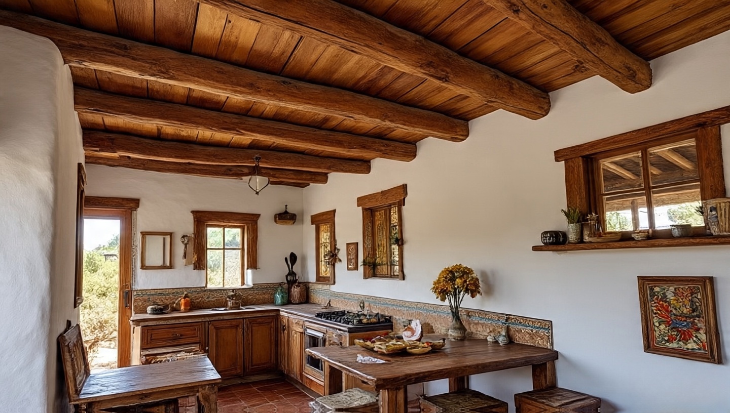 Exposed wooden ceiling beams in a rustic Southwestern kitchen