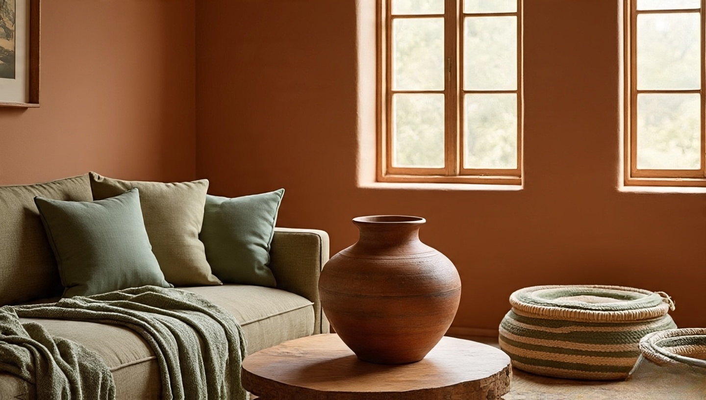 Earthy palette living room with terracotta feature wall, sage textiles, and bone trim creating depth under warm light