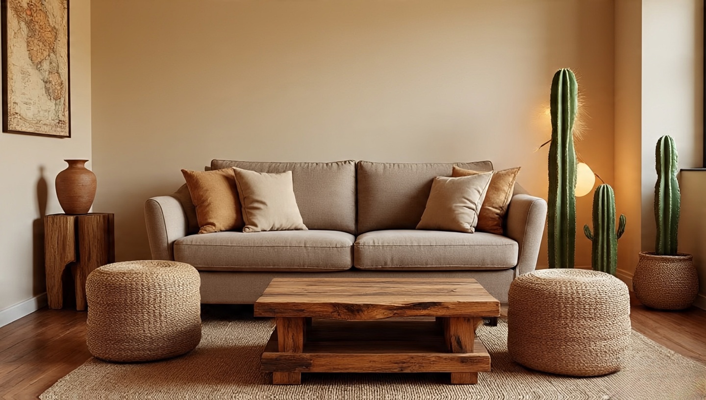Compact Southwestern living room with linen two-seater sofa, rustic wooden coffee table, and multifunctional storage benches and nesting tables for small spaces