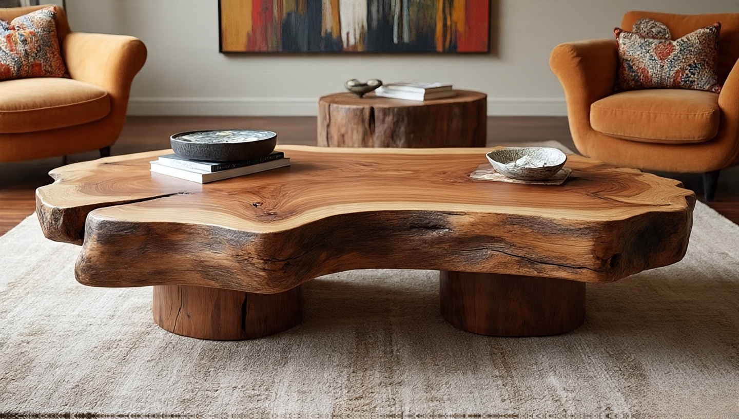 Hand-carved rustic wooden coffee table in a Southwestern style living room with natural texture