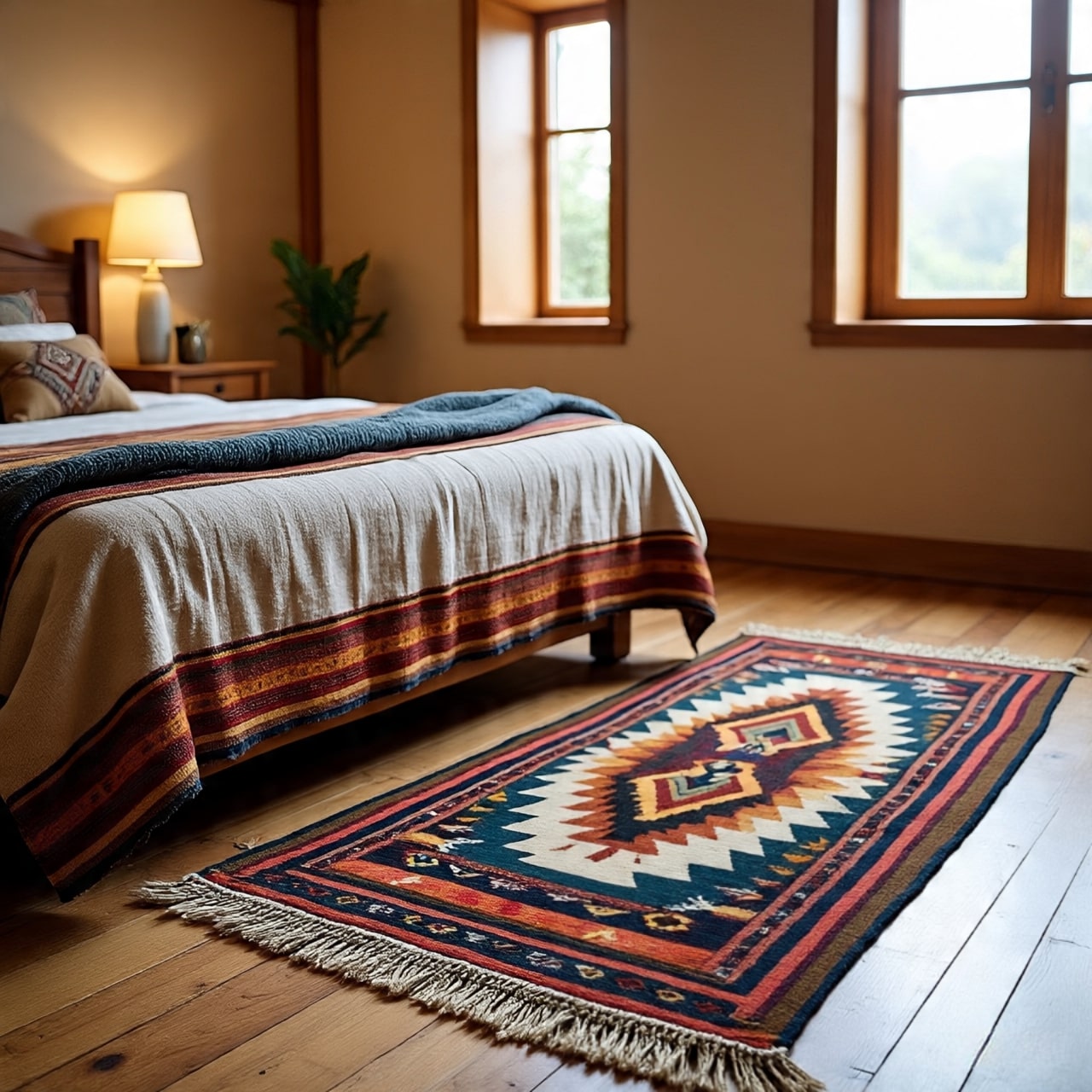 Authentic handwoven Navajo rug in Southwestern bedroom decor
