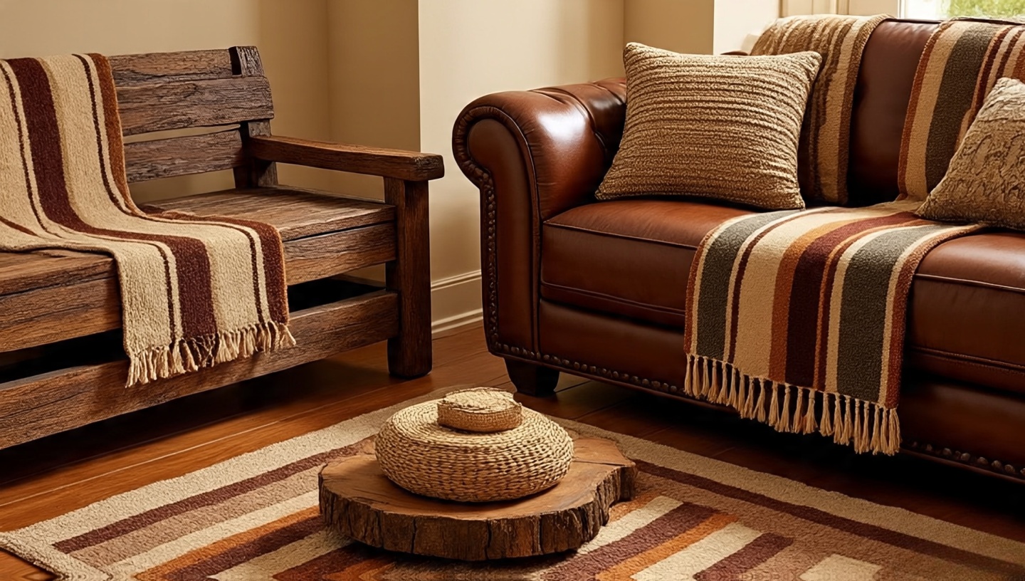 Rustic wooden bench and leather sofa draped with striped Southwestern rugs for layered texture and color