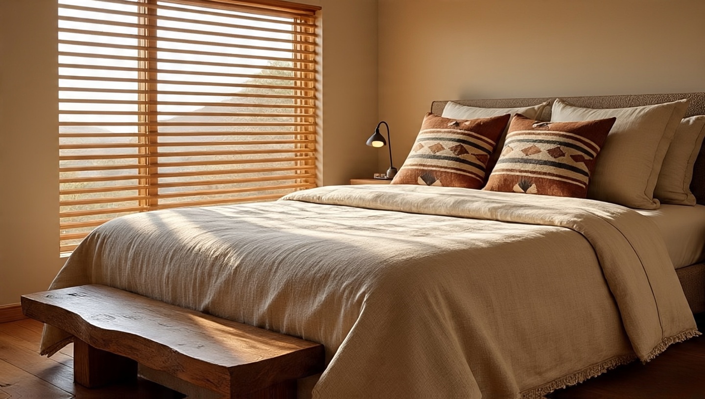 Wrinkled linen bedding in cream and sandstone with Navajo-pattern pillows, wooden blinds casting soft shadows in a Southwestern bedroom