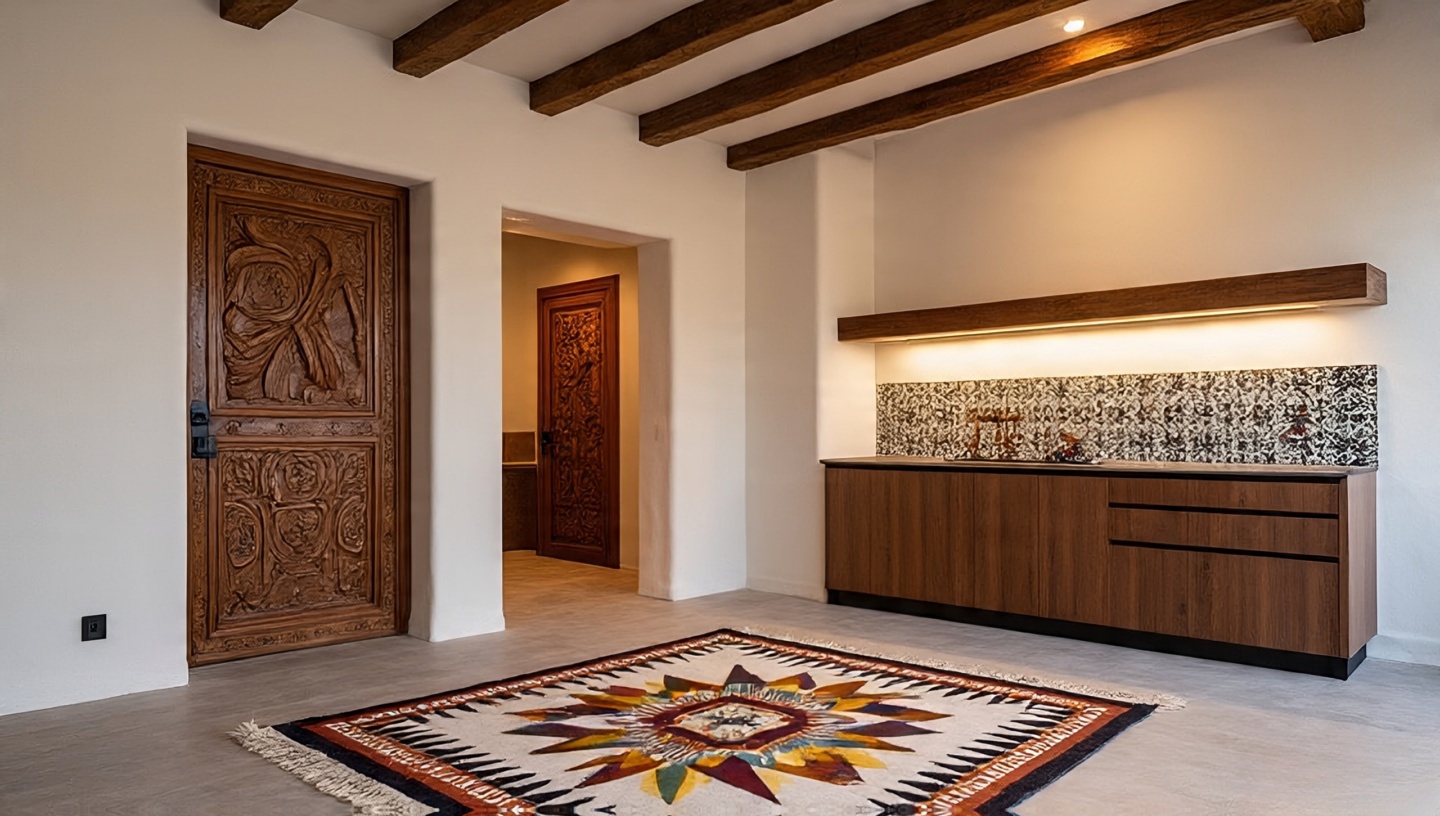 Southwestern interior blending Native American and Spanish colonial influences with vigas and Talavera tiles