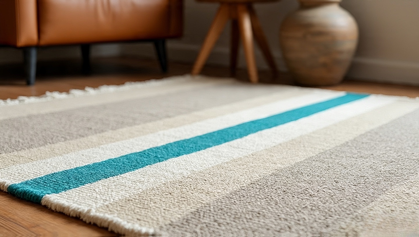 Close up detail of Southwestern rug with turquoise accents