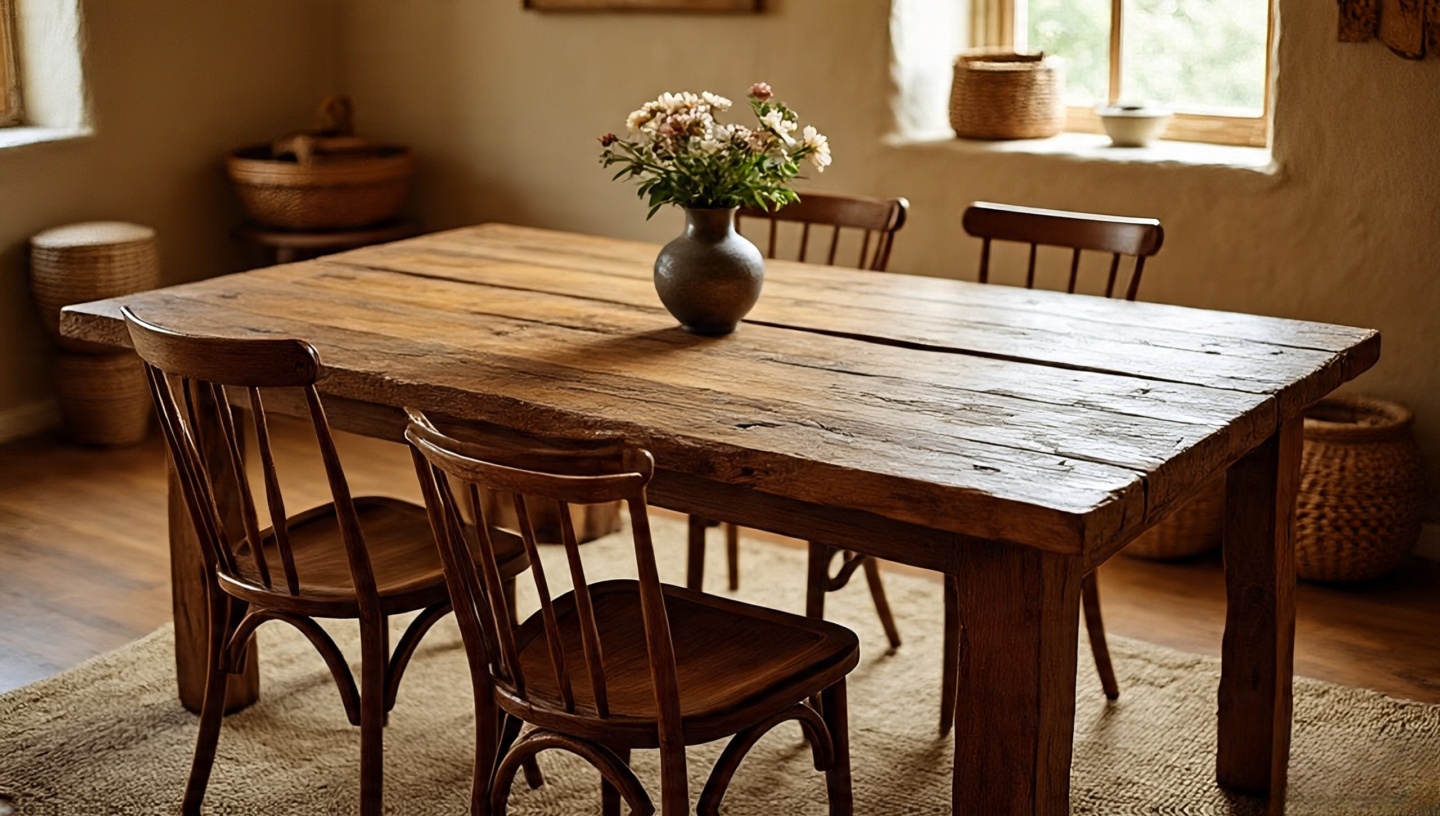 Large rough-hewn wooden dining table as the centerpiece of a rustic Southwestern dining room